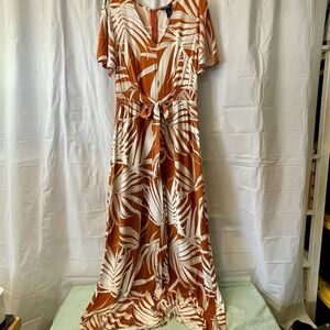 MSK Women Sz L Jumpsuit Straight Wide Leg V-Neck Flutter Sleeve Summer Chic